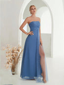 Dusty Blue Strapless Sleeveless Chiffon Evening Party Dress M