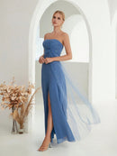 Dusty Blue Strapless Sleeveless Chiffon Evening Party Dress M