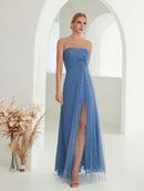 Dusty Blue Strapless Sleeveless Chiffon Evening Party Dress M