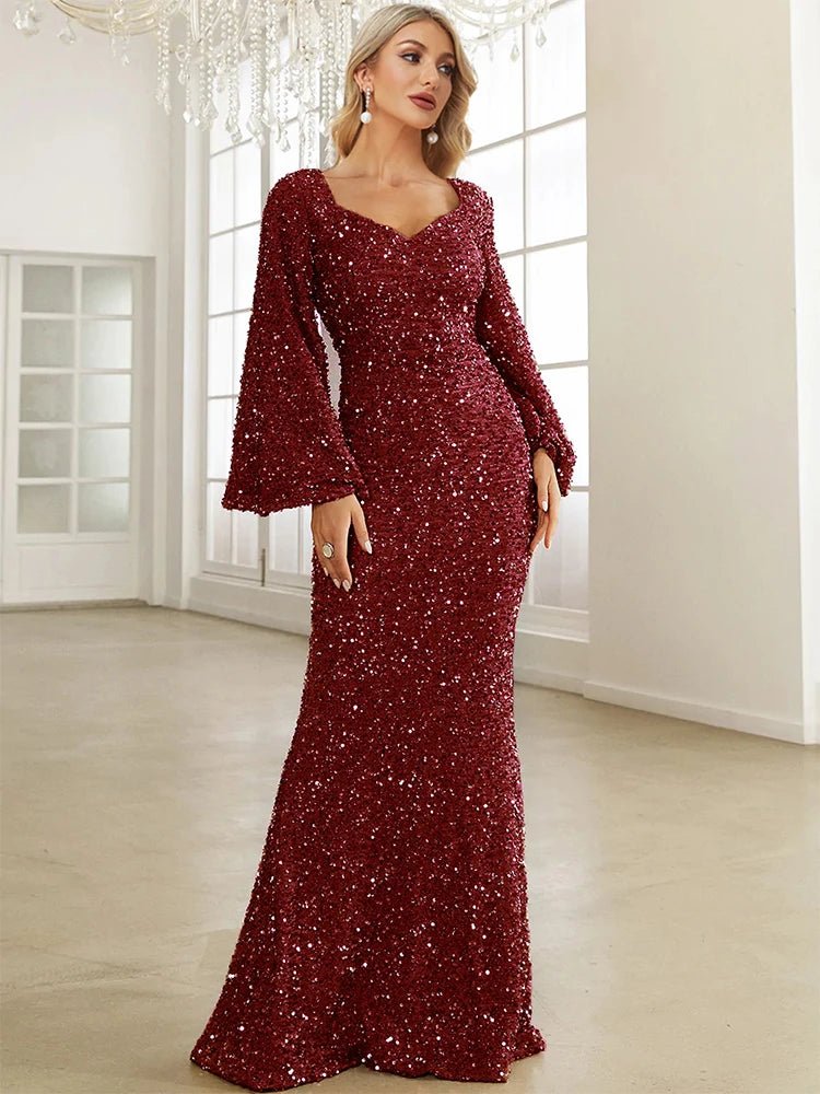 Stretch Sequined Long Sleeve Mermaid Evening Dress