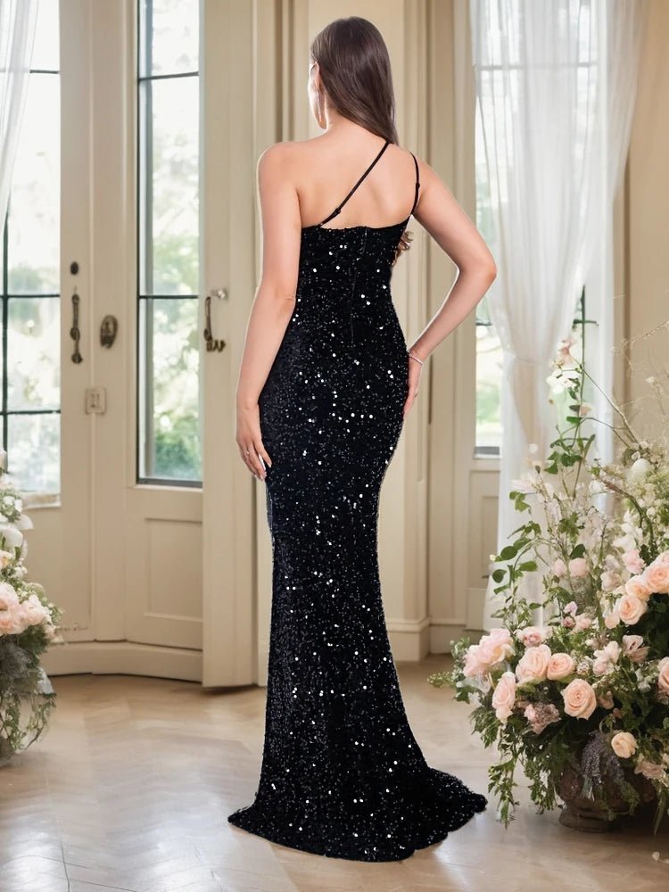 Stretchy One Shoulder High Slit Sequin Prom Dress