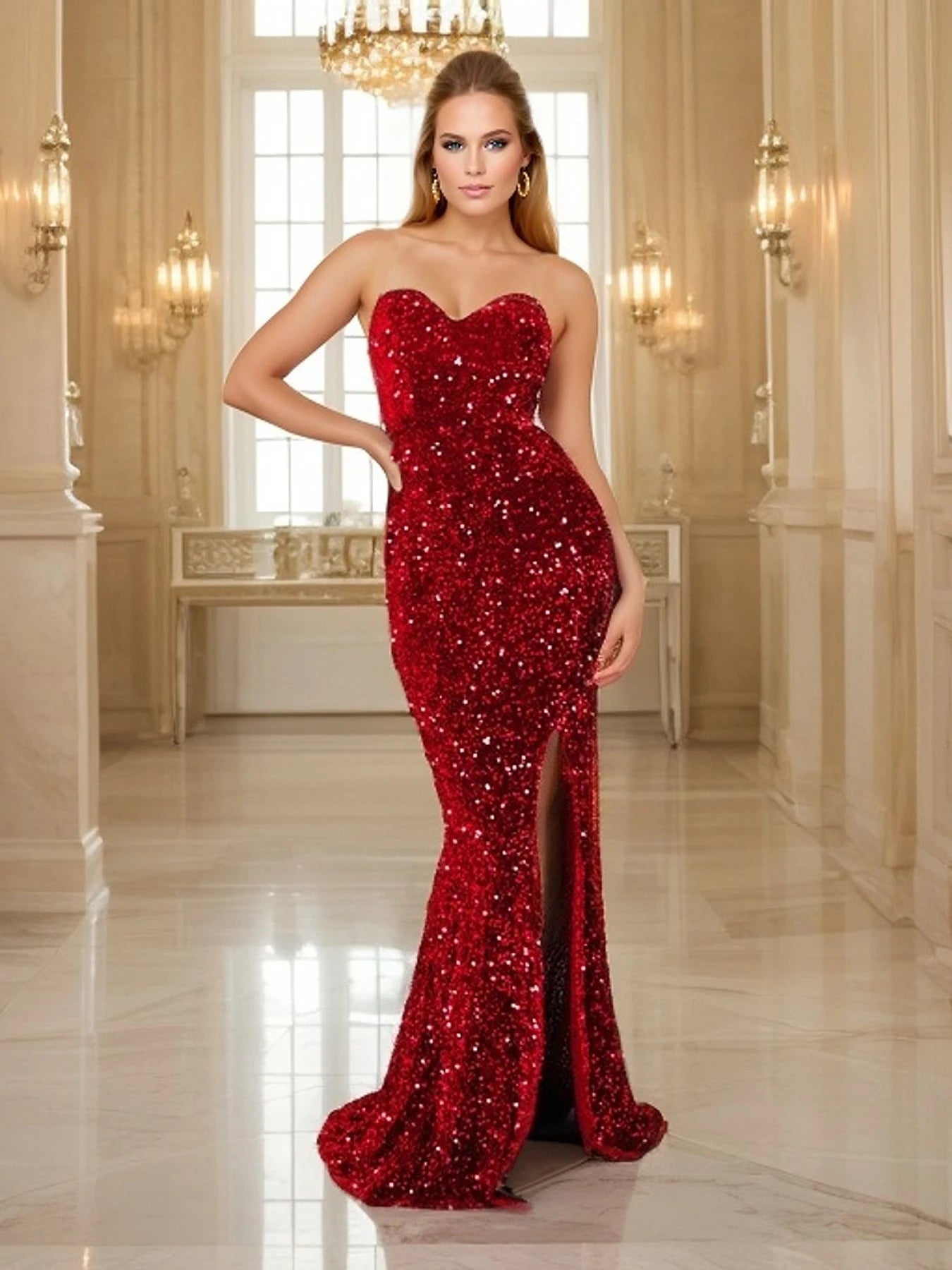 Elegant red sequin prom dress in luxurious setting.