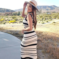 White Striped Bohemian Knitted Beach Two - Piece Dress L