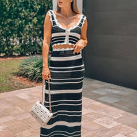 Black Striped Bohemian Knitted Beach Two - Piece Dress M