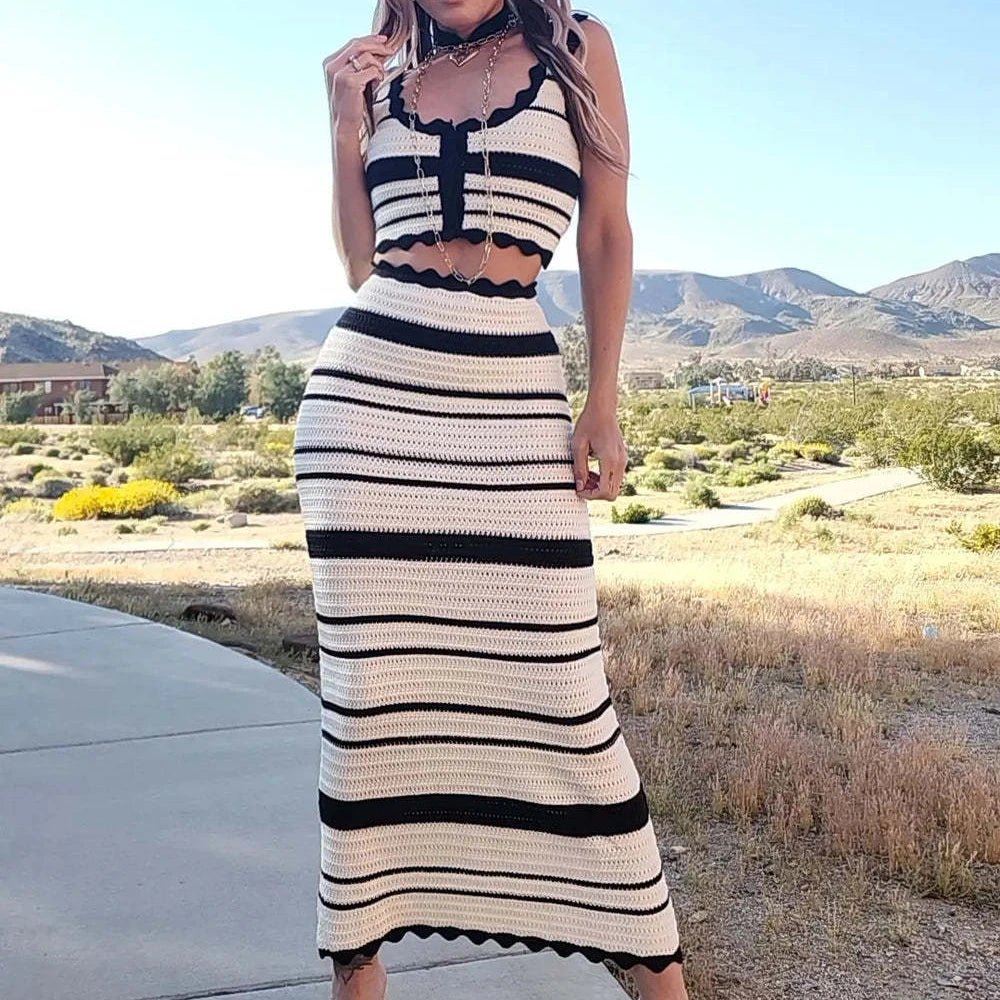 Striped Bohemian Knitted Beach Two-Piece Dress