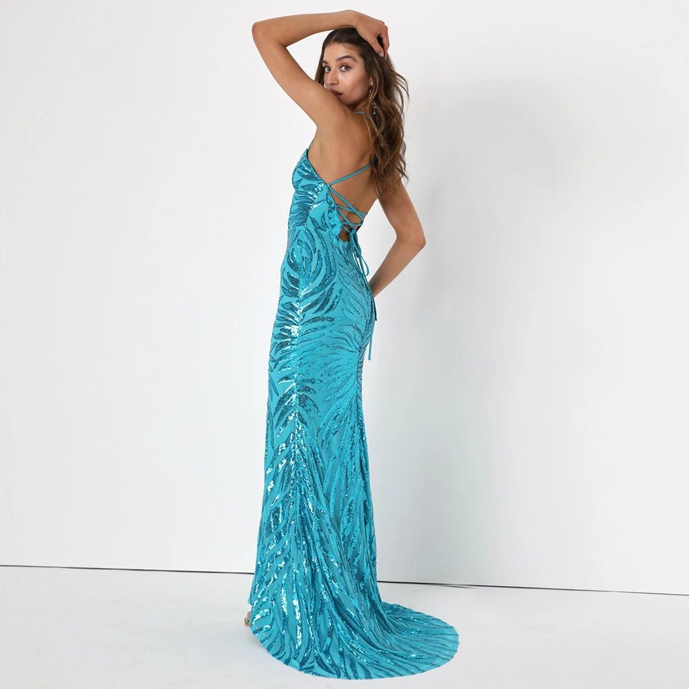 Turquoise Sequin Mermaid Dress with Spaghetti Straps