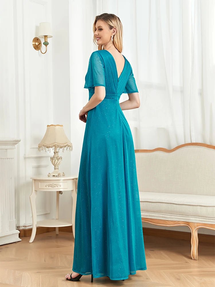 Turquoise Short Sleeves Elegant Evening Gown