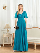 Turquoise short-sleeve elegant evening gown, size medium, sleek design