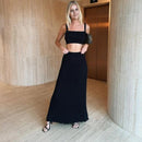 Black Two - Piece Knitted Set Elegant Crop Top and Maxi Skirt XL