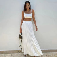 White Two - Piece Knitted Set Elegant Crop Top and Maxi Skirt S