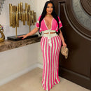 Fuchsia Two - Piece Sexy Striped Hollow Out Knit Dress S