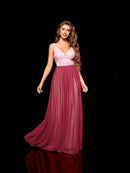 Burgundy V - neck 3d Floral Embroidered Chiffon Bridesmaid Dress L