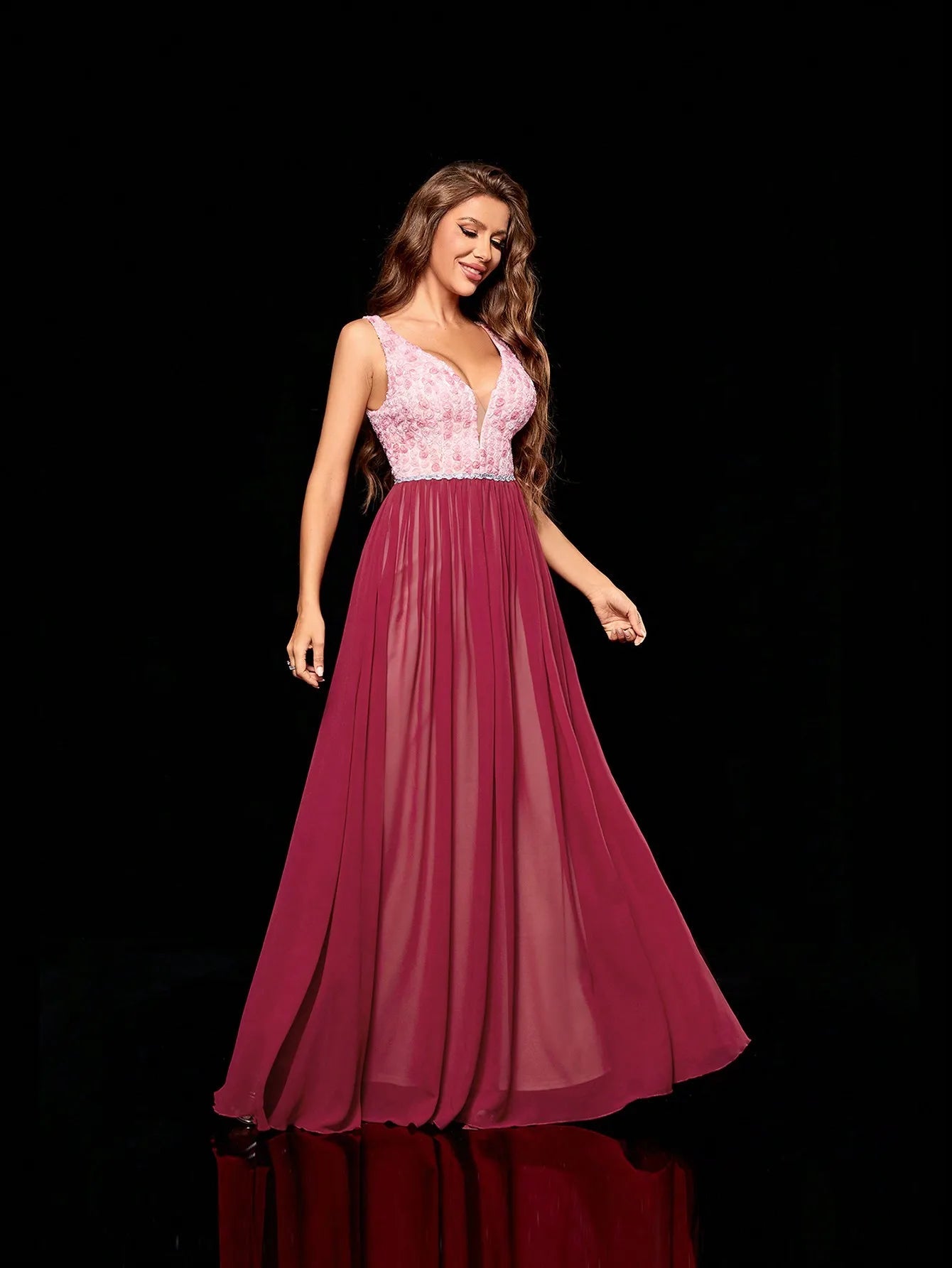 Burgundy V - neck 3d Floral Embroidered Chiffon Bridesmaid Dress L