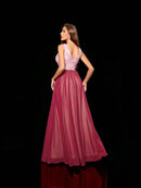 Burgundy V - neck 3d Floral Embroidered Chiffon Bridesmaid Dress L