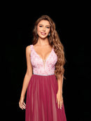 Burgundy V - neck 3d Floral Embroidered Chiffon Bridesmaid Dress L