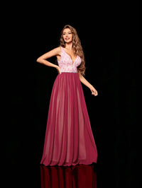 Burgundy V - neck 3d Floral Embroidered Chiffon Bridesmaid Dress L