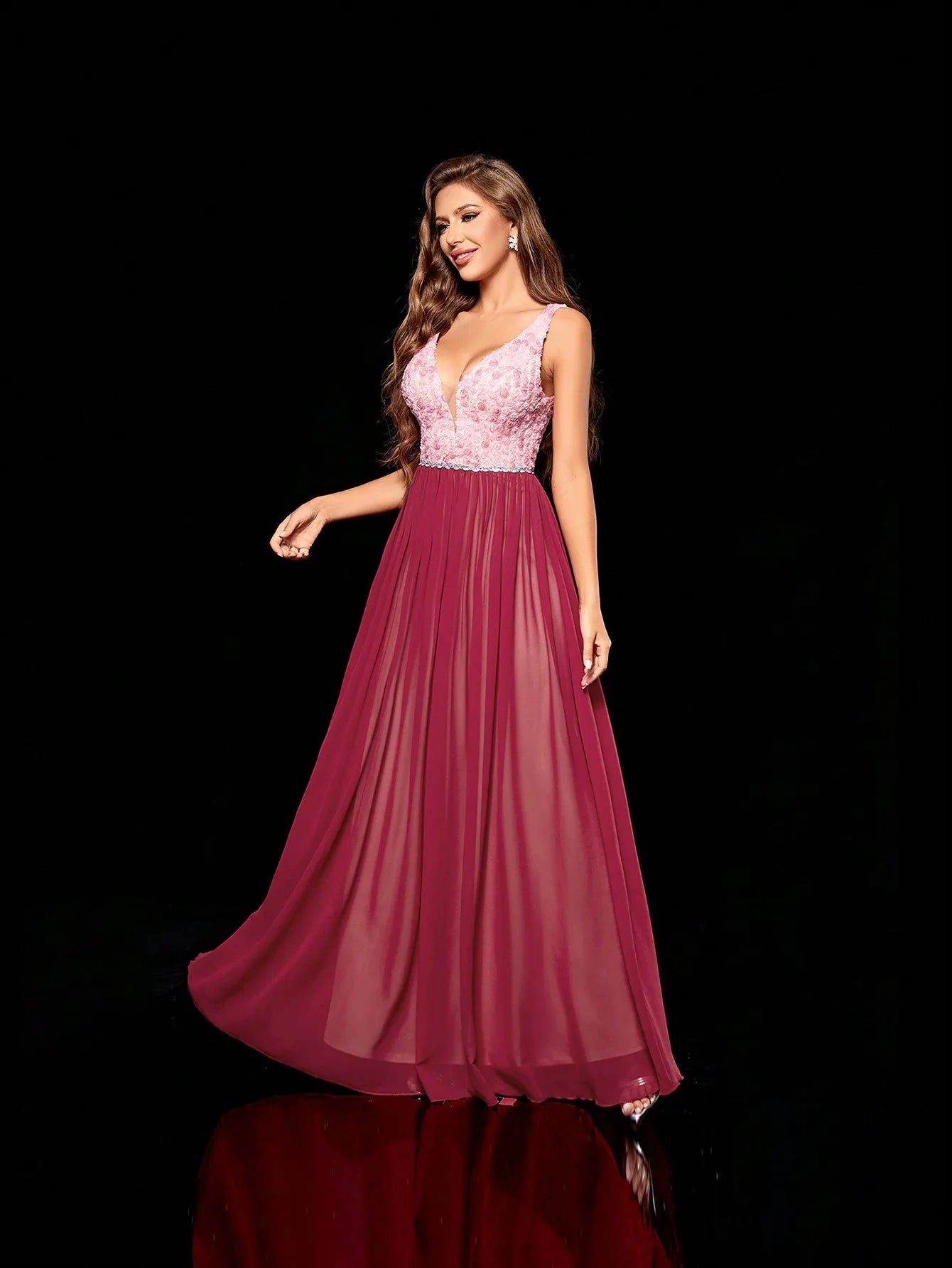 Burgundy V - neck 3d Floral Embroidered Chiffon Bridesmaid Dress L