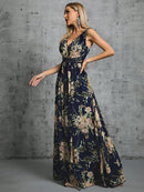 Navy Blue V - neck A - line Floral Printed Chiffon Evening Gown M