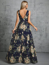 Navy Blue V - neck A - line Floral Printed Chiffon Evening Gown M