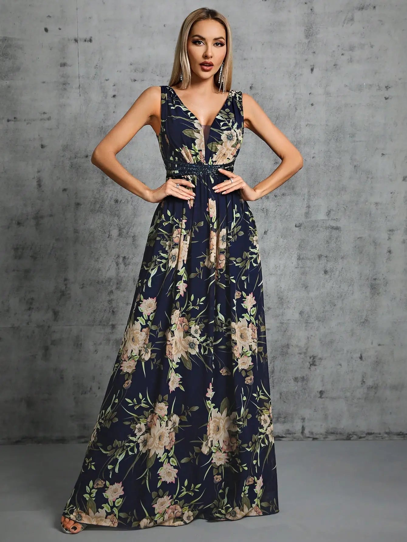 V-neck A-line Floral Printed Chiffon Evening Gown