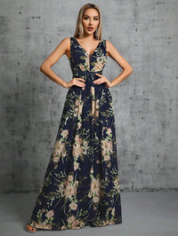 Navy Blue V - neck A - line Floral Printed Chiffon Evening Gown M