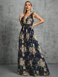 Navy Blue V - neck A - line Floral Printed Chiffon Evening Gown M