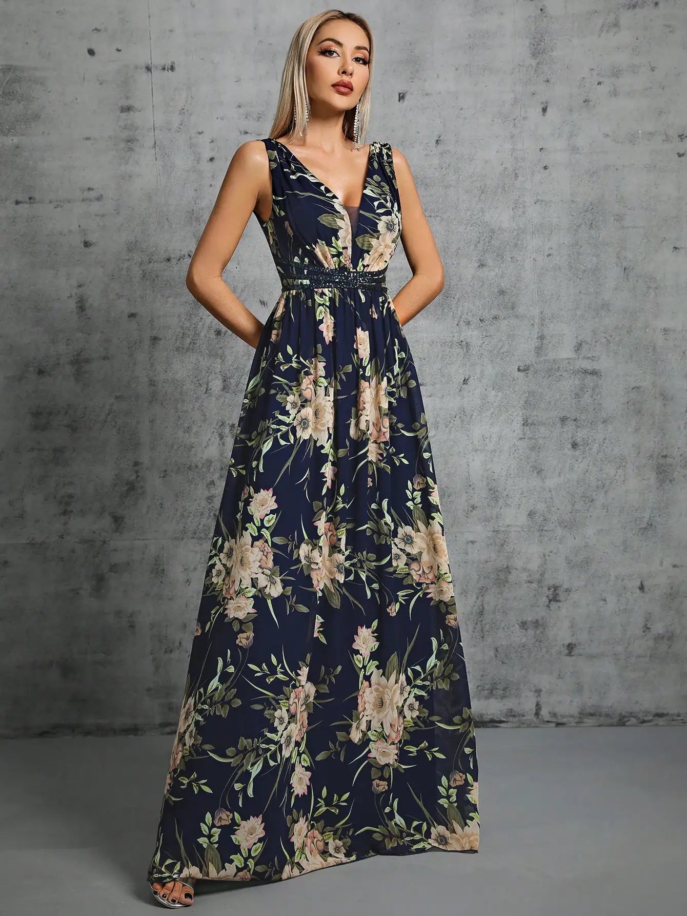 Navy Blue V - neck A - line Floral Printed Chiffon Evening Gown M