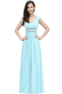 Sky Blue V - neck Beaded Belt Cap Sleeve Bridesmaid Dresses 2