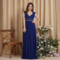 Royal Blue V - neck Beaded Belt Cap Sleeve Bridesmaid Dresses 2