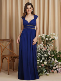 Sky Blue V - neck Beaded Belt Cap Sleeve Bridesmaid Dresses 2