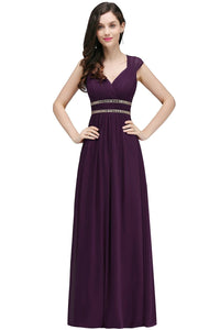 Purple V - neck Beaded Belt Cap Sleeve Bridesmaid Dresses 2