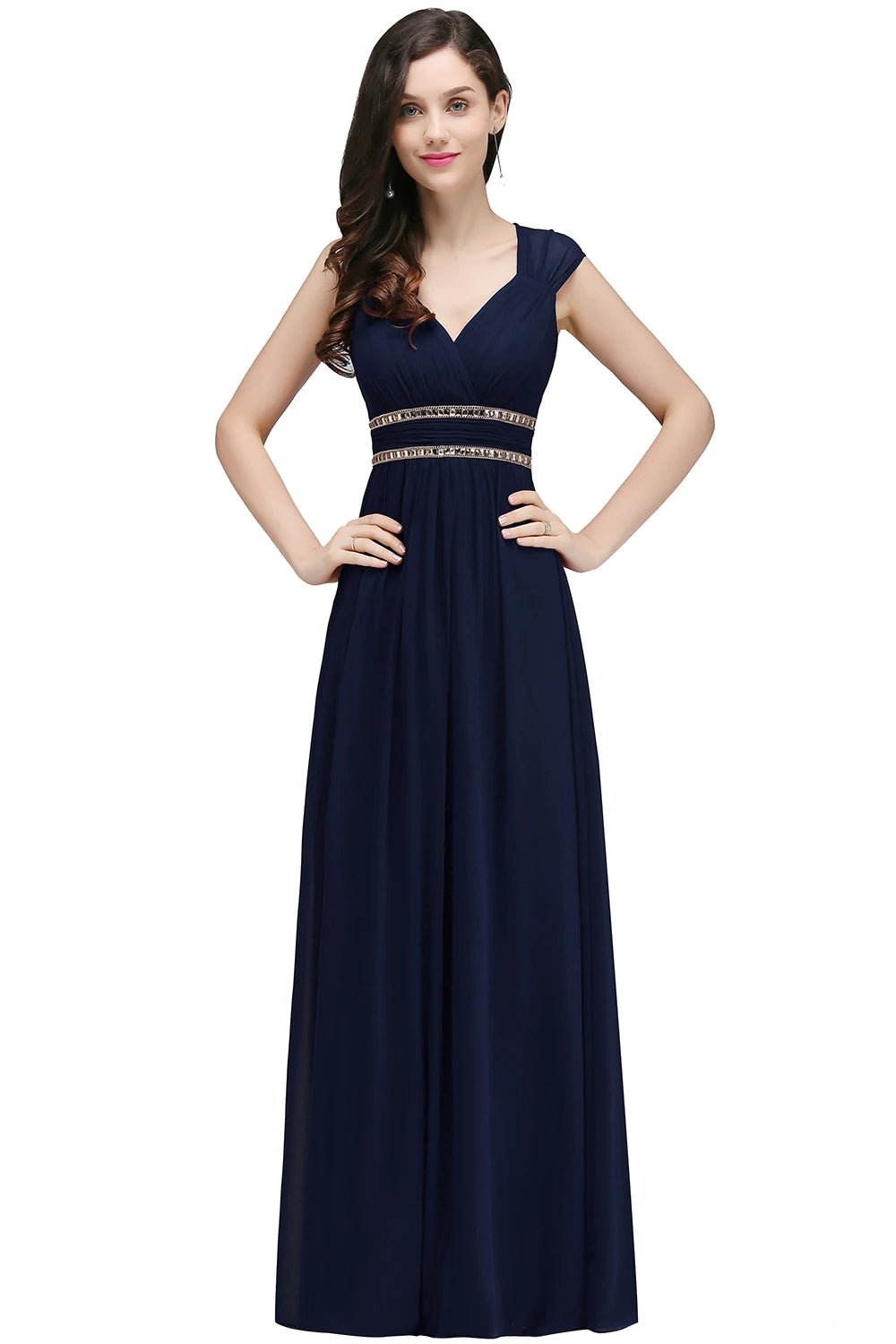 Navy Blue V - neck Beaded Belt Cap Sleeve Bridesmaid Dresses 2