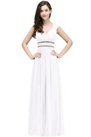 White V - neck Beaded Belt Cap Sleeve Bridesmaid Dresses 2