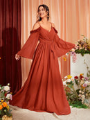 Burnt Orange V - neck Belt Pleated Ball Gown Evening Dress XL