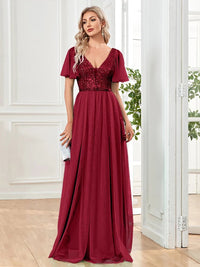 Burgundy V - Neck Elegant Sequin Evening Gown with Short Sleeve S