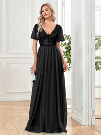 Black V - Neck Elegant Sequin Evening Gown with Short Sleeve S