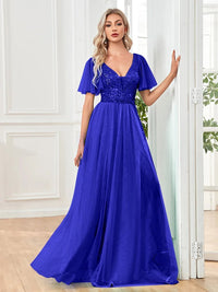 Royal Blue V - Neck Elegant Sequin Evening Gown with Short Sleeve S