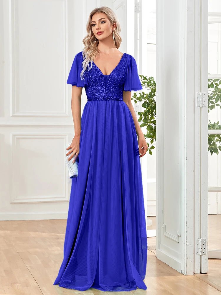 Royal Blue V - Neck Elegant Sequin Evening Gown with Short Sleeve S