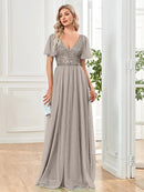 Gray V - Neck Elegant Sequin Evening Gown with Short Sleeve XL