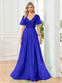 Royal Blue V - Neck Elegant Sequin Evening Gown with Short Sleeve S