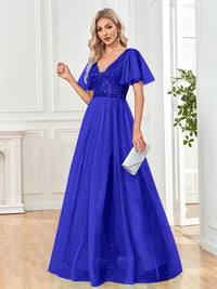 Royal Blue V - Neck Elegant Sequin Evening Gown with Short Sleeve S