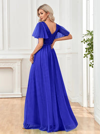 Royal Blue V - Neck Elegant Sequin Evening Gown with Short Sleeve S