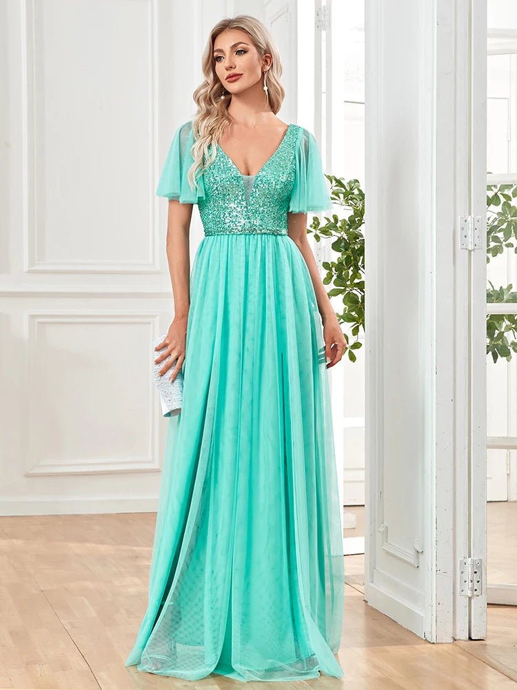 Mint Green V - Neck Elegant Sequin Evening Gown with Short Sleeve XL