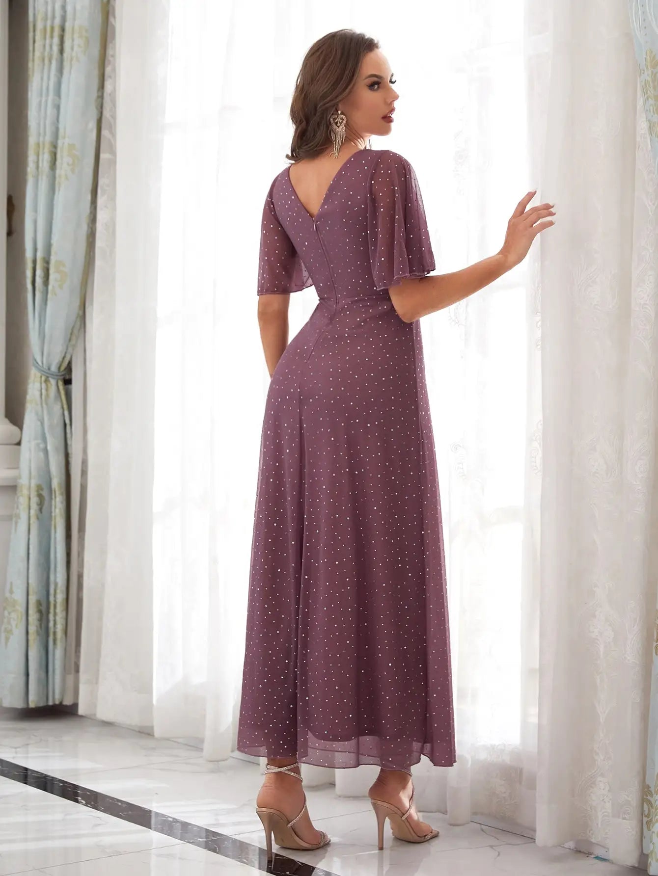 V-neck  Embellished Short Sleeve Mauve Evening Gown