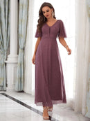 Mauve V - neck Embellished Short Sleeve Mauve Evening Gown XL