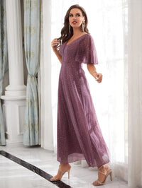 Mauve V - neck Embellished Short Sleeve Mauve Evening Gown XL