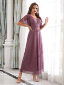 Mauve V - neck Embellished Short Sleeve Mauve Evening Gown XL