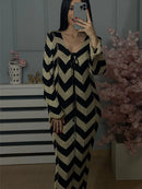 Black and White V - Neck Hollow Out Knitted Striped Maxi Bodycon Dress M