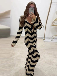 Black and White V - Neck Hollow Out Knitted Striped Maxi Bodycon Dress M