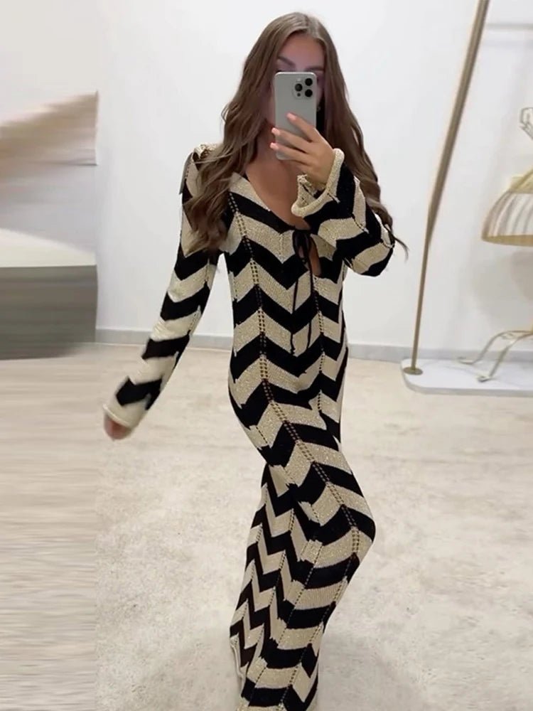 V-Neck Hollow Out Knitted Striped Maxi Bodycon Dress